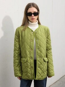 Aveloria Modichic Commuting Casual Diamond Pattern Stitched Metal Buckle Waist Belt, Slimming Women's Padded Padded Coat Clothes Winter  - Green - View 6