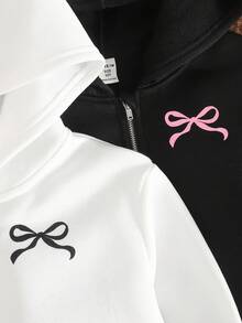 SHEIN 两件套少女拉链连帽卫衣套装，宽松休闲简约基础款金属拉链长袖蝴蝶结印花卫衣，黑白配色，买一送一，加厚保暖内衬，适合秋冬季穿着 - 黑與白 - 查看 6