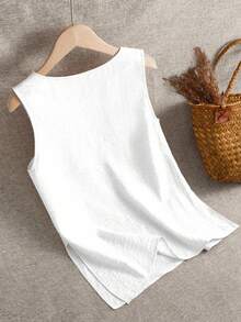 EMERY ROSE Women's Solid Color Round Neck Casual Loose Fit Tank Top - White - View 2
