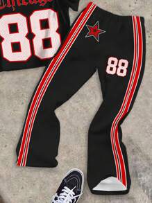 SHEIN Tween Boy 经典酷炫运动风格，经典数字 88，哥特式芝加哥文字图案，酷炫时尚星星图案印花 T 恤和喇叭裤 2 件套，适合夏季 - 彩色 - 查看 4