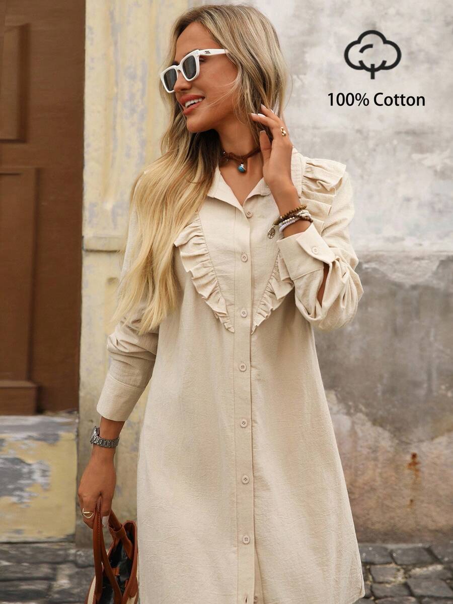 Brillora Apricot Autumn Casual Occasion Women's Dresses,Shirt Collar Lace Edged Texture Fabric Vacation Holiday Date Attire,Old Money Style Office Wear Dress - Multicolor - View 1