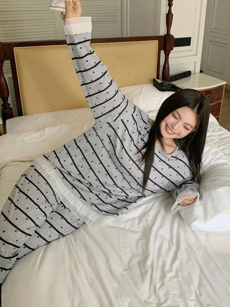 Dazy Plus Heart & Stripe Chiffon Mesh Patchwork Casual 2 Pieces Loungewear Set, Plus Size Women Spring/Autumn Pajamas, Fall Clothes
