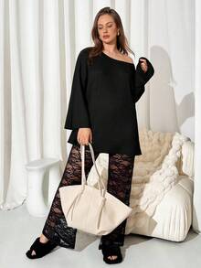 Auralis Conjunto de 2 piezas de top holgado de unicolor y pantalones pitillo de encaje para tallas grandes - Negro - Ver 4