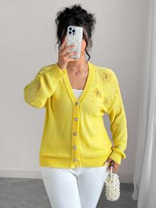 Elenzga Cárdigan de punto con cuello en V, unicolor, con bordado floral y cuentas, talla grande - Amarillo - Ver 4