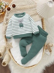 SHEIN 可爱小熊提花图案新生儿服装，圆领长袖条纹上衣搭配高腰护腹连体裤，休闲简约风格，适合日常穿着，宝宝穿着舒适可爱 - 綠色 - 查看 7