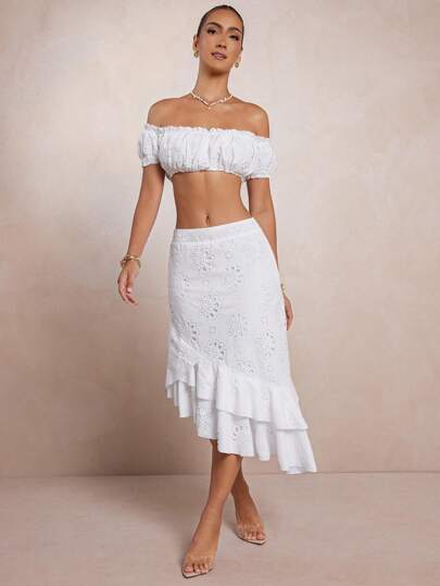 L'Amorae Elegant Solid Color Hollow-Out Embroidered Ruffle Hem Skirt, Summer