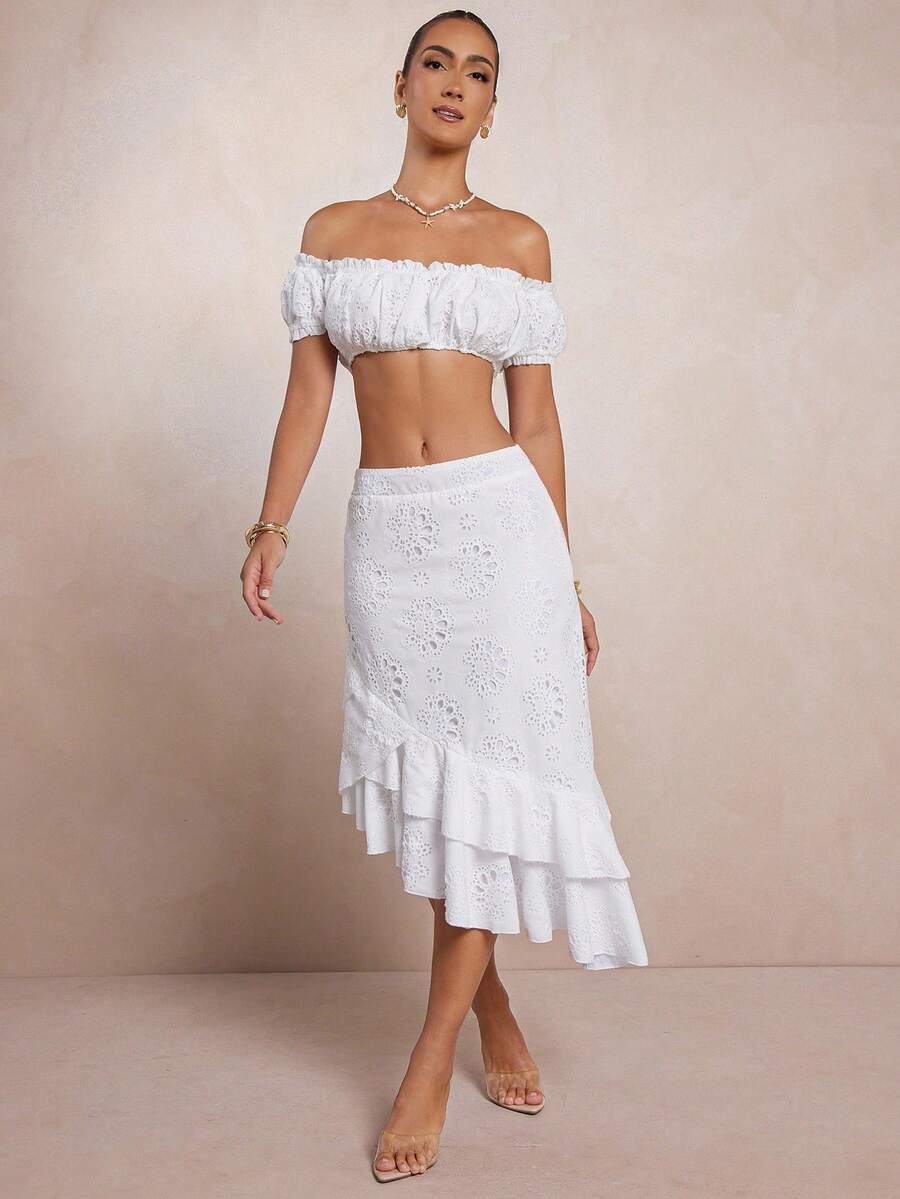 L'Amorae Rok Elegan Warna Polos dengan Detail Bordir dan Rumbai di Bagian Bawah, Cocok untuk Musim Panas - Putih - View 1