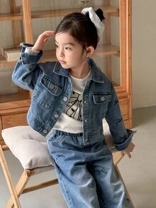 Genkimix Kids 两件套女童蝴蝶结印花短款翻盖口袋牛仔外套和阔腿裤套装，返校季穿搭，女童牛仔套装，秋冬季时尚穿搭 - 藍色 - 查看 1