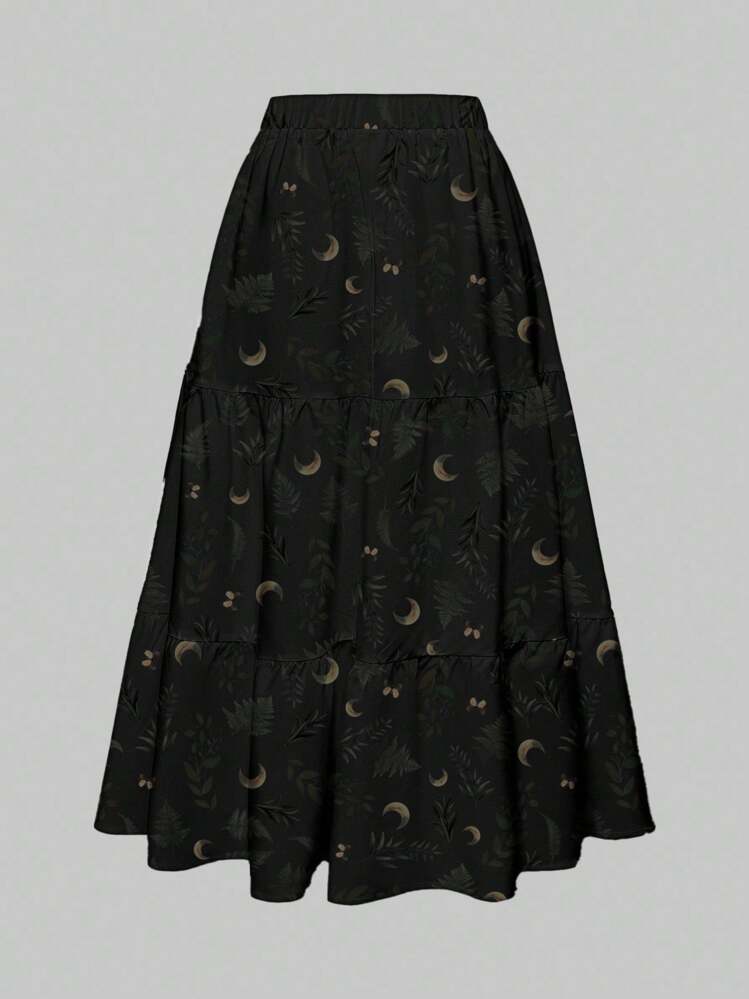 ROMWE Chân váy xếp lớp họa tiết hoa tối màu Gothic cổ điển, xanh lá cây và đen, dành cho Halloween - màu đen - Xem 2