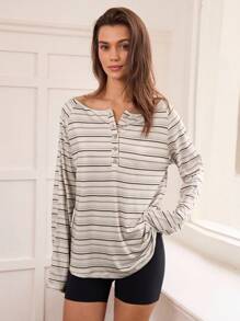 Hanevo Women's Striped Off Shoulder Button Long Sleeve Casual Sports T-Shirt Fall Cloth For Women - Multicolor - View 6