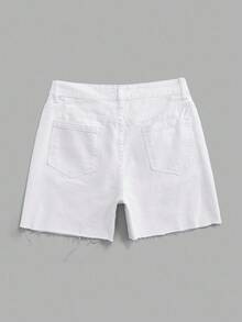 SHEIN ICON Shorts jeans femininos de cor sólida, desgastados e com bainha desfiada - Branco - Ver 2