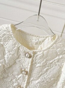 女童优雅3D花卉印花杏色长袖衬衫，时尚珍珠纽扣设计，秋季 - 彩色 - 查看 4