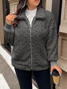 SHEIN Frenchy 大码女式休闲简约蓬松长袖夹克，冬季服装 - 淺灰色 - 查看 5