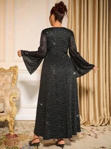 Allurite Christmas Plus Size Women's V-Neck Semi-Sheer Flare Sleeve Metallic Glitter Party Elegant Long Maxi Dress, Black Fall Cloth For Women Halloween - Black - View 2