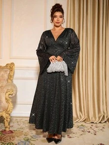 Allurite Christmas Plus Size Women's V-Neck Semi-Sheer Flare Sleeve Metallic Glitter Party Elegant Long Maxi Dress, Black Fall Cloth For Women Halloween - Black - View 4