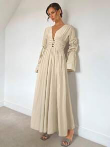 Siren Gaze 100% 纯棉新款秋季 V 领缺口褶皱系带超长喇叭袖飘逸 A 字型棉质连衣裙，舒适宽松休闲适合秋冬米色连衣裙女长袖超长连衣裙女休闲连衣裙长款休闲连衣裙棕褐色连衣裙女度假连衣裙长袖婚礼宾客连衣裙女 - 杏色 - 查看 5