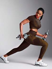 Powerista Women's Summer&Spring Gym&Fitness Sportswear Brown And Yellow Contrast Color High Waist Casual Fitness Leggings With Breathable Fabric - Brown - View 3