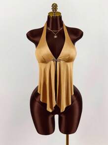 Amplova Women's Sexy Backless Halter Neck Top, Summer Gold Halter Top - Yellow - View 4
