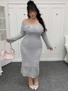 SHEIN EZwear 大码女式 3D 花卉装饰露肩长袖休闲针织连衣裙秋冬女装 - 灰色 - 查看 3