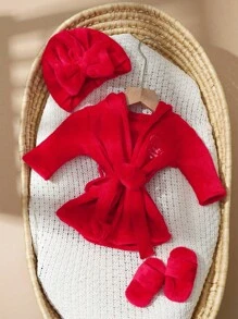 SHEIN Roupão para fotografia de recém-nascidos com turbante combinando, chapéu e mini chinelos, roupas para ensaio fotográfico infantil, bordados com amor, acessórios para recém-nascidos - Vermelho - Ver 4