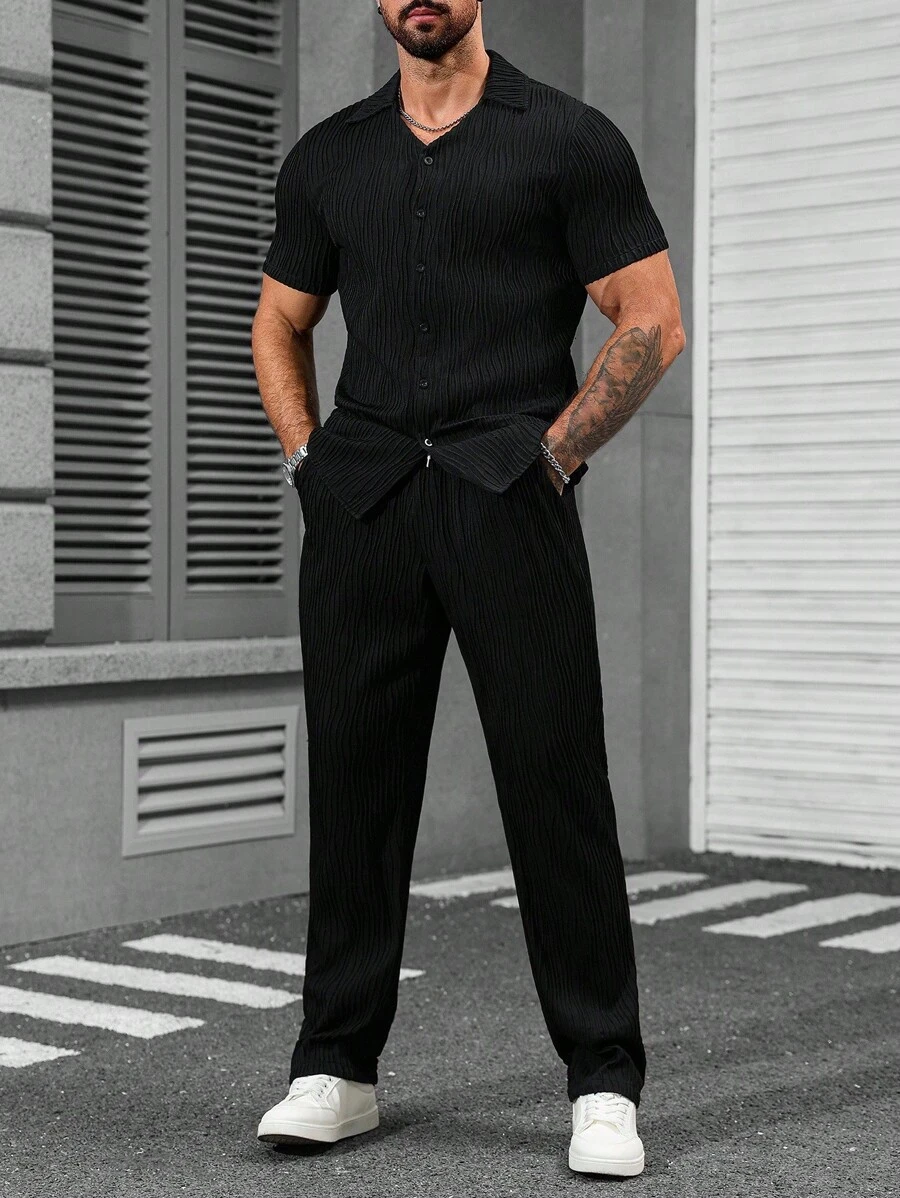 Manfinity Homme 男士提花短袖衬衫和裤子套装 - 黑色 - 查看 1