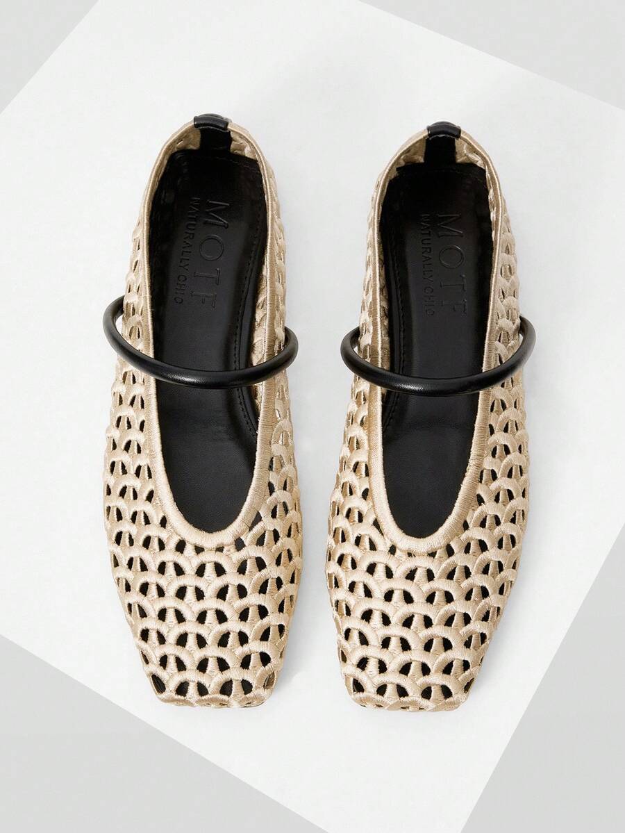 MOTF WOMEN SHOES NEW FRENCH RETRO FASHION WOVEN HOLLOW SQUARE TOE SEXY FLAT SHOES, GOLDEN VERSATILE TEMPERAMENT ELEGANT BREATHABLE AND COMFORTABLE, LIGHT ONE-PEDAL SIMPLE AND HIGH-END MARY JANE SHOES