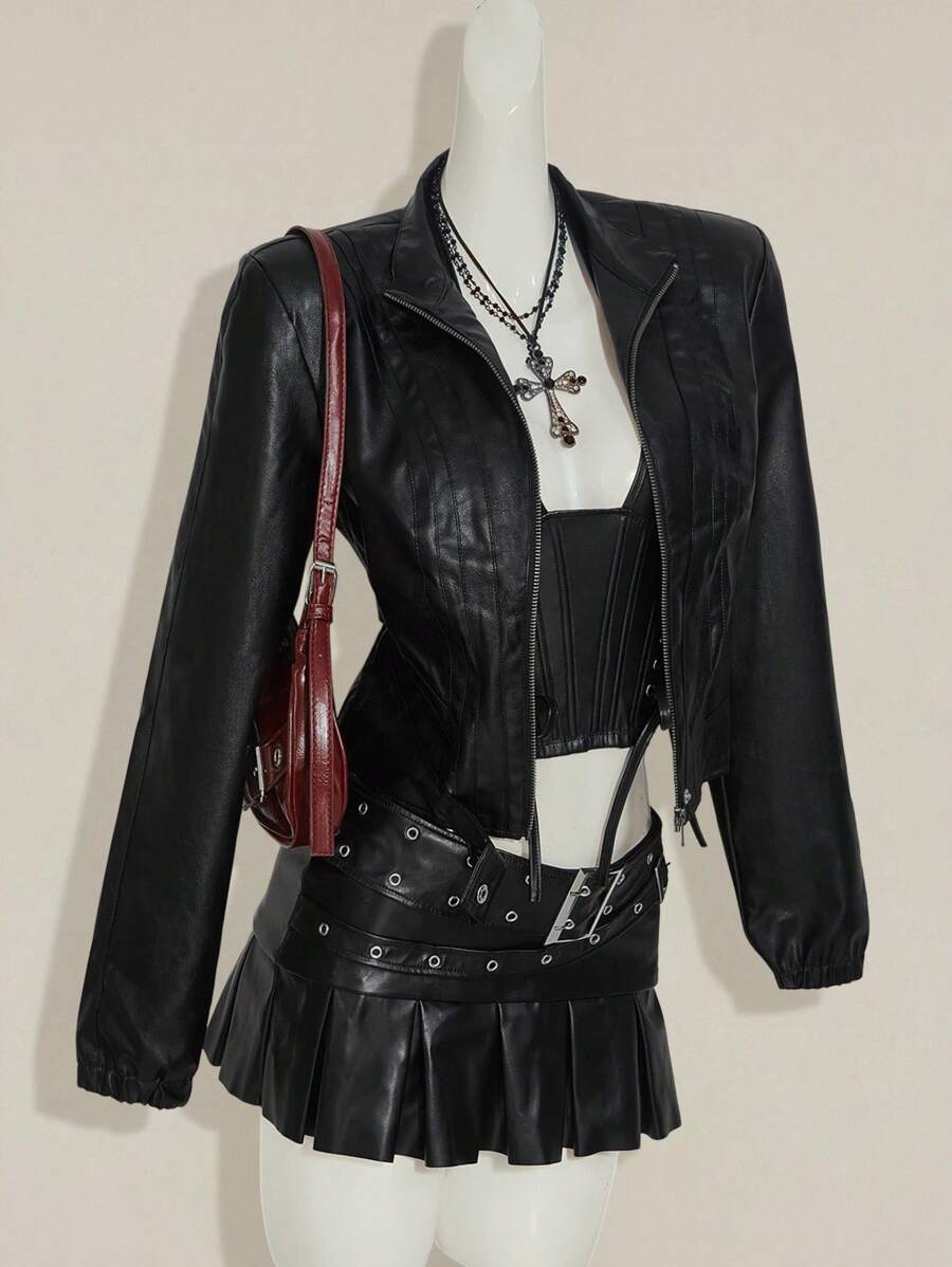 SHEIN ICON 秋冬时尚黑色PU皮长袖短款夹克 - 黑色 - 查看 1