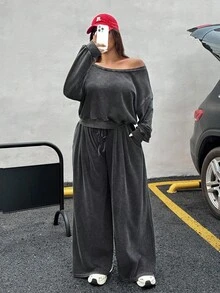 Muchica Plus Size Casual Everyday Oblique Shoulder Washed Loose Sweatshirt And Pants 2 Pieces Set,Autumn/Winter,Fall Clothes For Women  Christmas Clothes  New Year Clothes