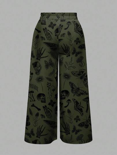 Goth Plus Size Women Gothic Palace Dark Skull Moth Plant Butterfly Mushroom Leaf Allover Print Loose Wide Leg Pants, Halloween