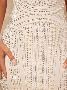 Lumalex Cream White Summer Elegant Formal Faux Pearls Rhinestone Detail Split Hem Bustier Slip Maxi Dress Luxury Prom Banquet Old Money Glitter Party Gown - Beige - View 4