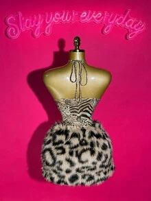 Slaydiva Women's Two Pieces Set,Beige,Autumn,70s,Night Out,Party,Leopard Zebra Print Glossy Knitted Crop Top & Brown Plush Mini Body-Hugging Skirt - Multicolor - View 13