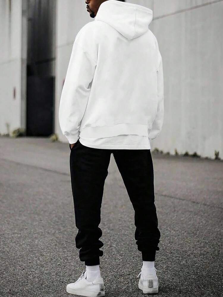 Men Letter Printed Regular Hoodie Sweatshirt And Pants Set - Black and White - View 2