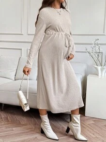 SHEIN Robe de maternité décontractée, mode minimaliste, avec taille cintrée et manches longues - Noir - Voir 6