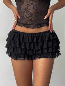 Aloruh Women's Fall/Winter New Halloween Black Sexy Punk Rock Bohemian Music Festival Y2K Black Lace Tiered Ruffle Super Short Shorts, New Lace Ultra Low Waist Shorts,Black Lace Ruffle Shorts. - Black - View 1
