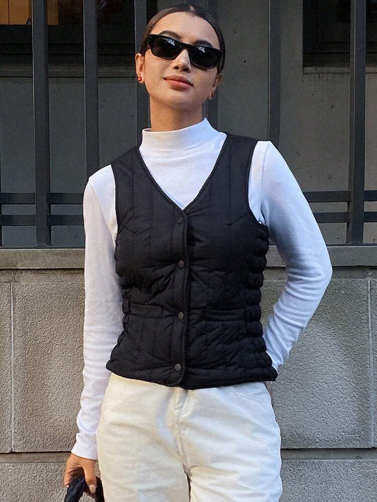 V-Neck Sleeveless Jacket Vest, Padded & Thickened, Women Padded Coat For Autumn/Winter