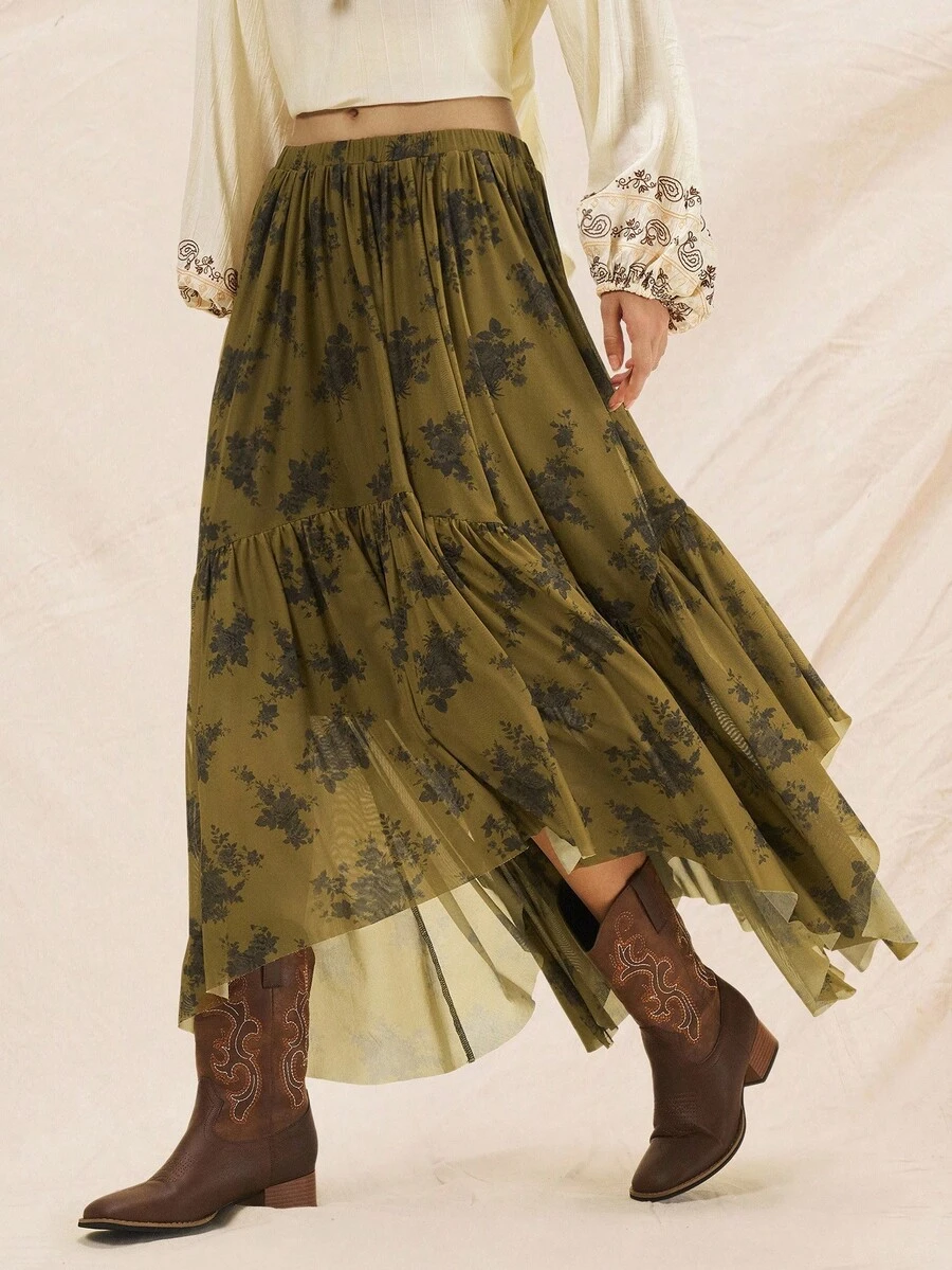 Easelle 女装复古不对称下摆印花绿色网纱半身裙裙摆不对称复古绿色游牧西部秋冬 - 綠色 - 查看 1