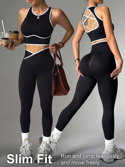Dewbera Conjunto deportivo de top corto con dobladillo y leggings con cintura asimétrica para mujer, conjunto de fitness, conjunto de leggings de entrenamiento acanalado para mujer