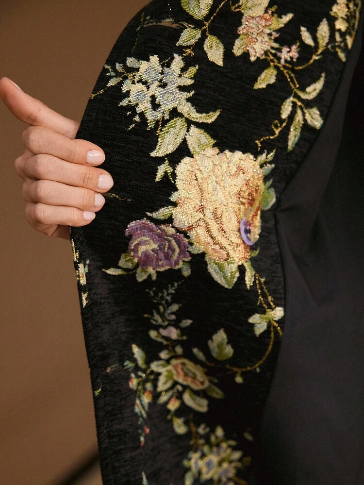 JACQUARD FLORAL PRINT BUCKLE BELTED TRENCH COAT