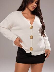 Rustia Shell Metal Button Solid Color Loose Knit Cardigan Winter Fall Autumn CASUAL - Apricot - View 3