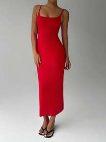 Flirla Solid Color Tight-Fit Spaghetti Strap Holiday Dress Maxi Women Outfit - Multicolor - View 6