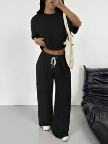 SHEIN EZwear 2件組女款休閒街頭風黑色針織T恤與抽繩長褲套裝，舒適舒適健身夏季機場居家休閒 - 黑色 - 查看 5