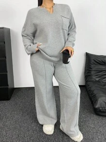 POPSWAY 秋冬宽松V领口袋装饰毛衣阔腿裤套装，时尚优雅 - 灰色 - 查看 5