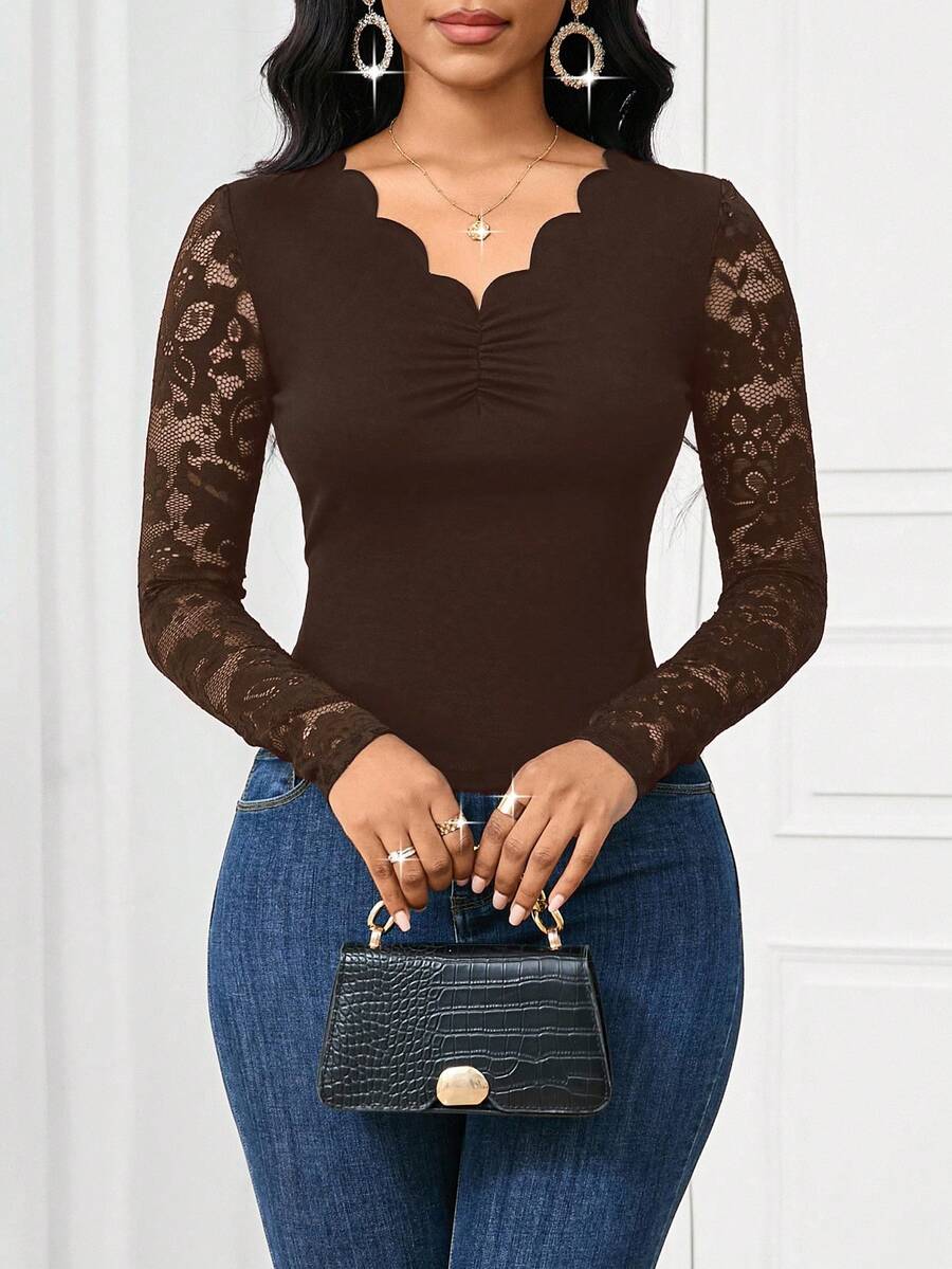 SHEIN Lady 2025 Neue elegante Pendler-Braun einfarbige Spitze Patchwork Passform Langarm T-Shirt, Ausgehen Arbeit Herbst Top Halloween Weihnachten Herbst & Winter Ausgehen Chic Damen T-Shirt Business Lässig