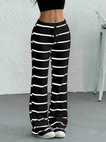 SHEIN EZwear 大码春季休闲条纹抽绳腰喇叭裤 - 黑色 - 查看 1