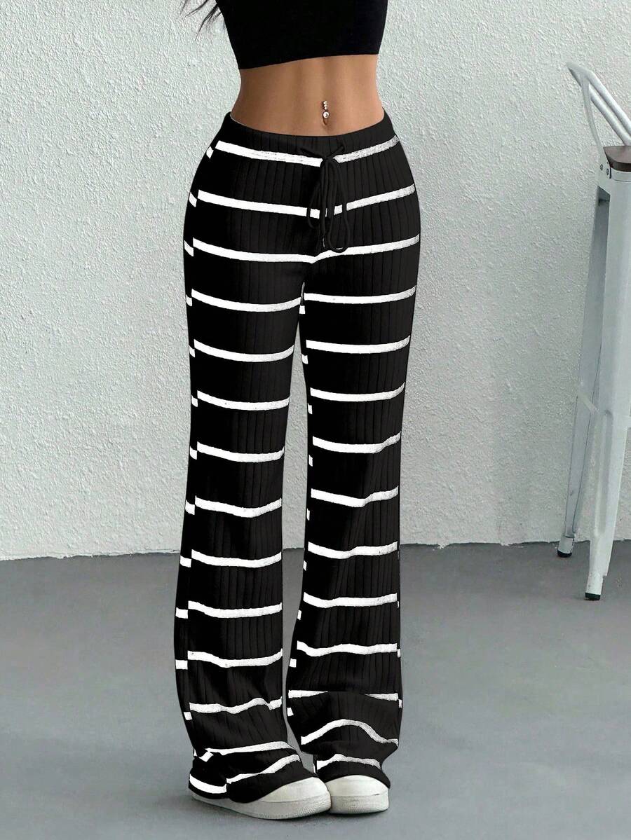 SHEIN EZwear 大码春季休闲条纹抽绳腰喇叭裤 - 黑色 - 查看 1