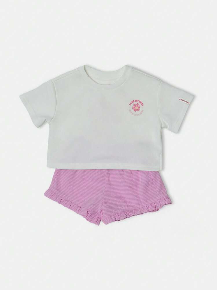 러플 밑단이 있는 플라워 프린트 티셔츠 반바지