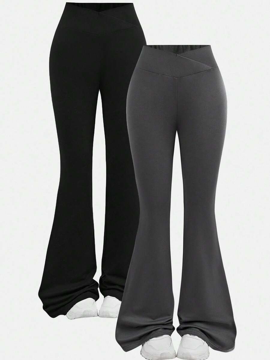 Girlism 2pcs Tween Girl Solid Color Asymmetric Waist Flare Pants Set, Back To School, Fall, Winter - Multicolor - View 1