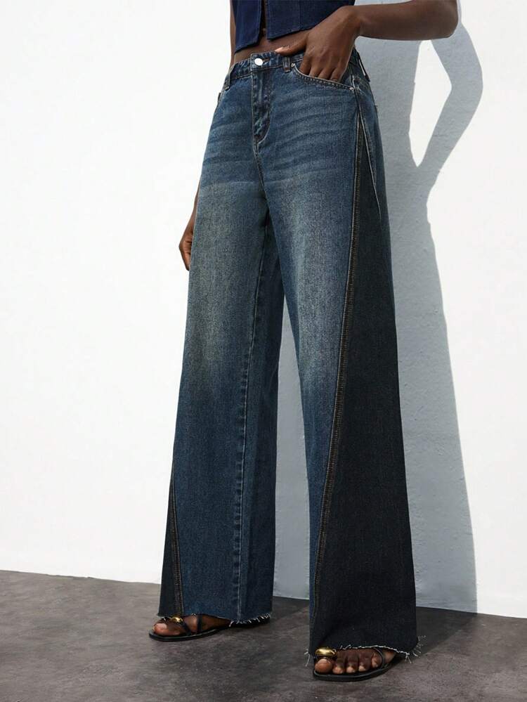 SHEIN Maija Women's Retro Blue Jeans Low Waist Straight Jeans Contrast Color Stitching Design Casual And Versatile,Autumn