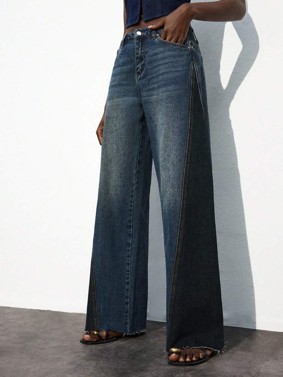 SHEIN Maija Jeans bleus rétro pour femmes, taille basse, coupe droite, design de coutures bicolores, décontracté et polyvalent, automne
