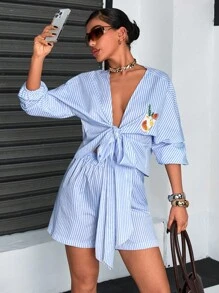 SHEIN Cottnline Women Striped And Embroidery Detailed Two Pieces Outfits Tops And Short Sets Women Summer Clothing Women Summer Clothes Women Summer Sets Women's Clothes - Blue and White - View 5